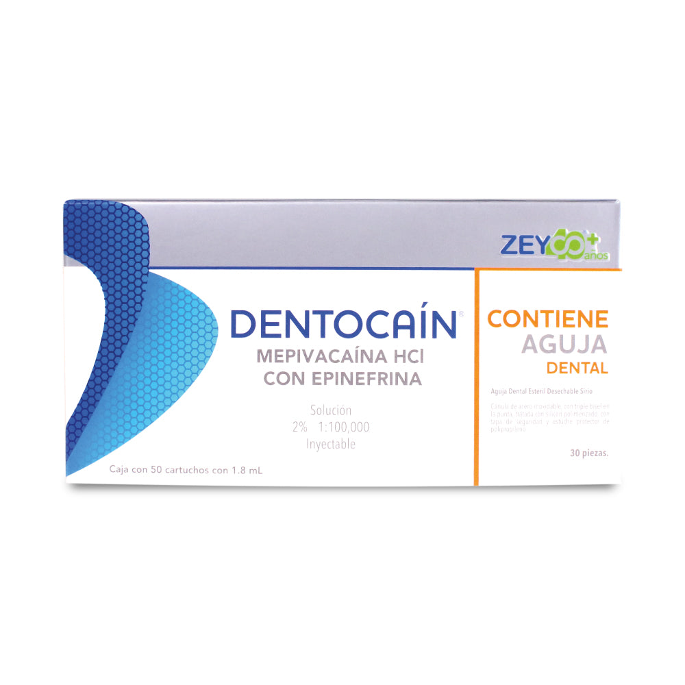 Anestésico Inyectable Dentocain Mepivacaína 2% C/Epinefrina CJ. C/50 PZAS. Y 30 AGUJAS CALIBRE 30 CORTA ZEYCO